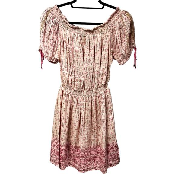 Alicia Bell Pink Ivory Short Puff Sleeve Smocked Cotton Mini Dress Womens Small - Picture 6 of 8